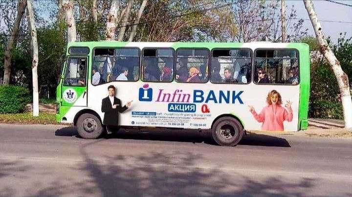 Samarqandda avtobuslarda reklama Реклама на автобусах в Самарканде — 7