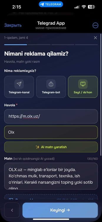 Telegram'da reklama — 900 000 so'mdan, to'g'ridan-to'g'ri — 3