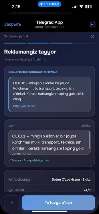 Telegram'da reklama — 900 000 so'mdan, to'g'ridan-to'g'ri — 5