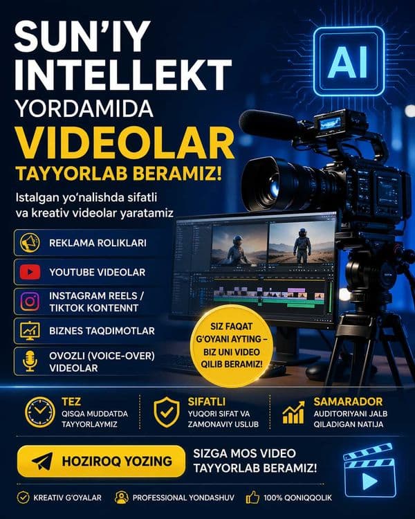 Ai Sun’iy intellekt yordamida PROFESSIONAL videolar tayyorlab beramiz! — 1