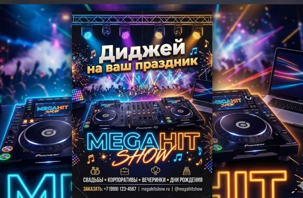 Диджей + ведущий, есть так же звуковое оборудование.