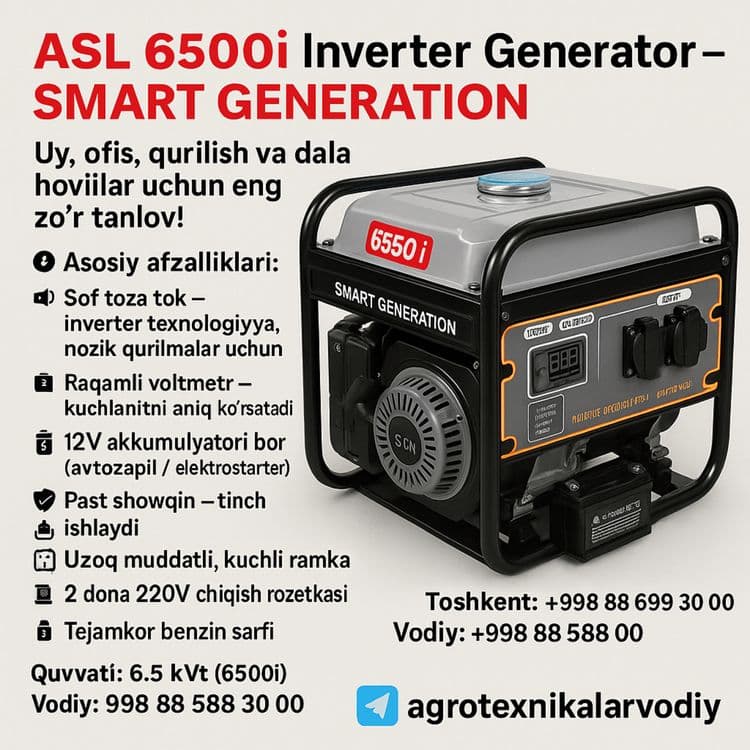 ASL 6500i Inverter Generator – 6.5 kVt | Elektro Start | Past Shovqin — 2
