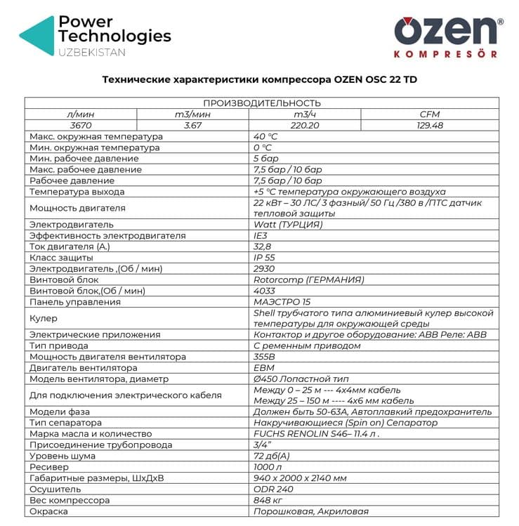 В Ташкенте! 22 квт Компрессор ресивер осушитель OZEN OSC 22TD (Турция) — 3