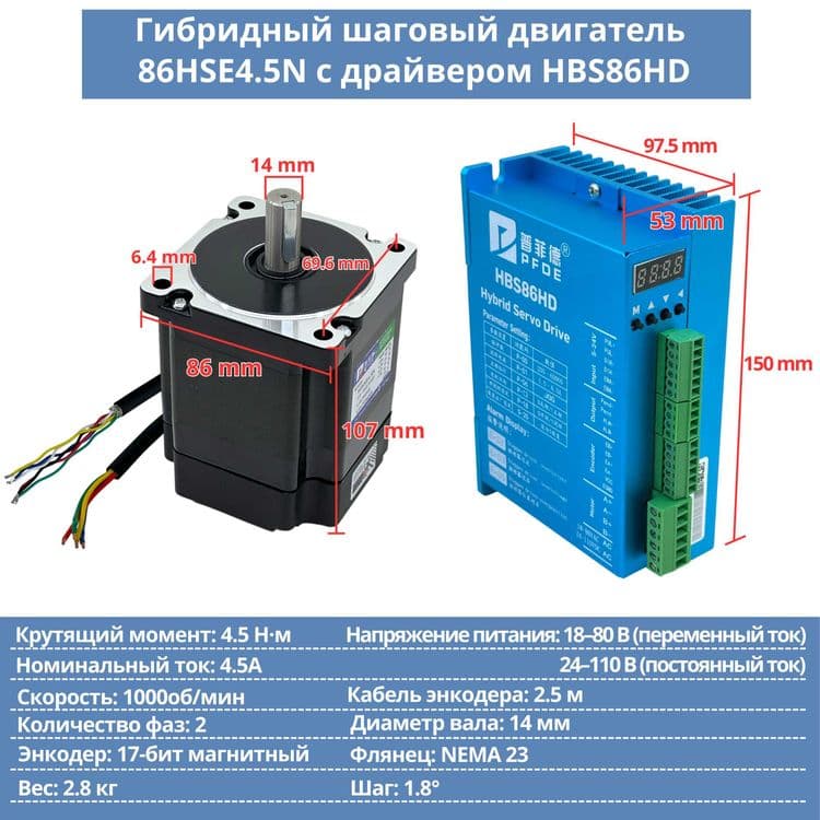 Гибридный шаговый двигатель 57HSE1.5N с драйвером HBS57 — 4
