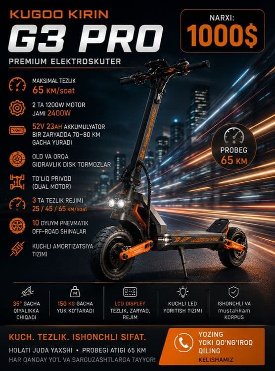 KUGOO KIRIN G3 PRO — kuchli premium elektro samokat


 Holati juda yax