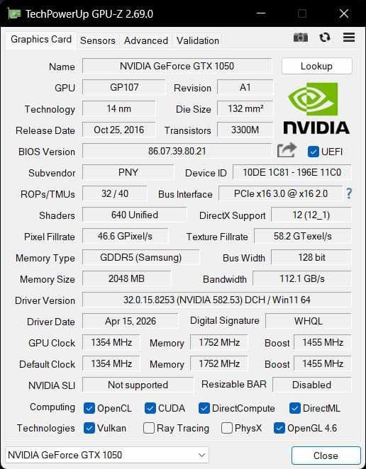 PNY NVIDIA GeForce GTX 1050, 2 Gb — 2