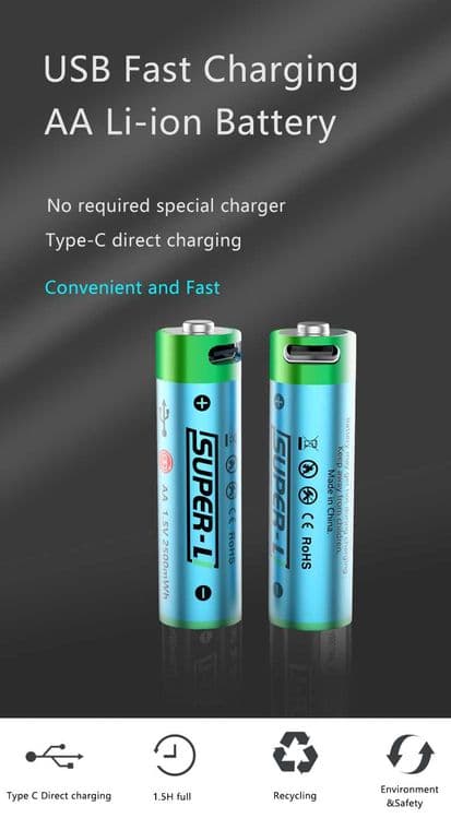 2 штук АА Li-ion батарейки 1.5V 2500 mWh USB с USB кабель (Super-L) — 2