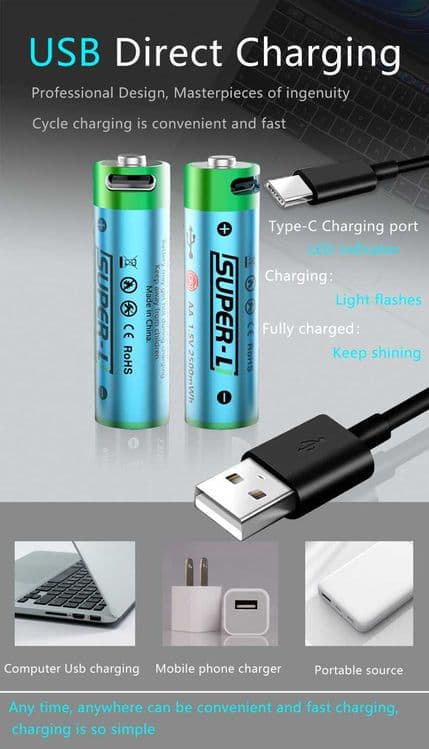 2 штук АА Li-ion батарейки 1.5V 2500 mWh USB с USB кабель (Super-L) — 3