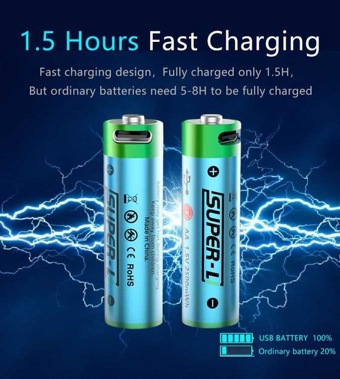 2 штук АА Li-ion батарейки 1.5V 2500 mWh USB с USB кабель (Super-L) — 5