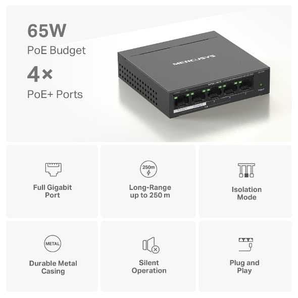 5 портовый гигабитный коммутатор с 4 порта PoE+ Mercusys MS105GP — 10