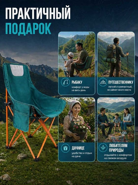 Складной стул туристический, садовый, со спинкой для похода и рыбалки — 5