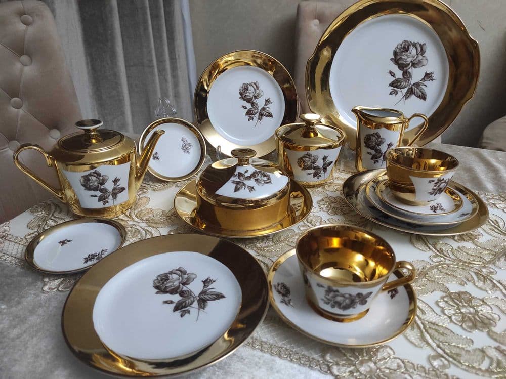 Роза чайный сервиз ГДР 1960г много золота — 13
