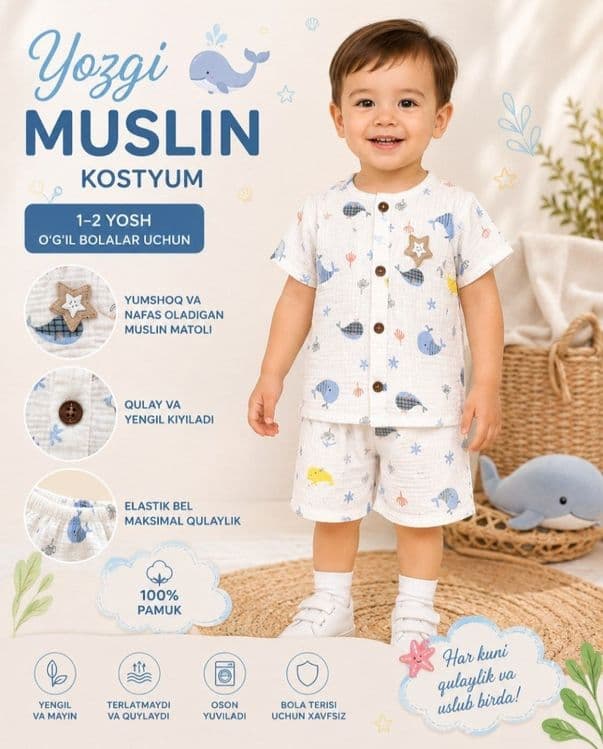 Yozgi Muslin Kostyum – 1-2 yoshli o‘g‘il bolajonlar uchun! — 5