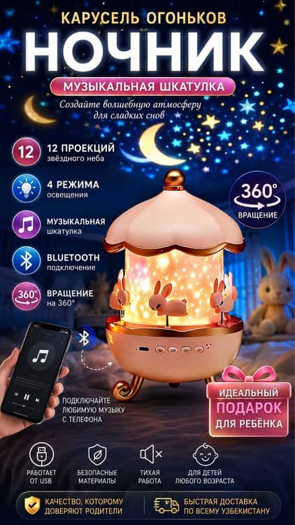 Музыкальный ночник-карусель с проектором звёздного неба — 1