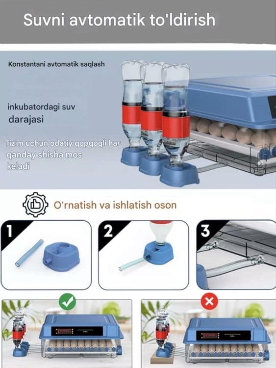 Inkubator avtomat 9/12/24/36/64/100/128/200, 12V va 220V dan ishlaydi — 13