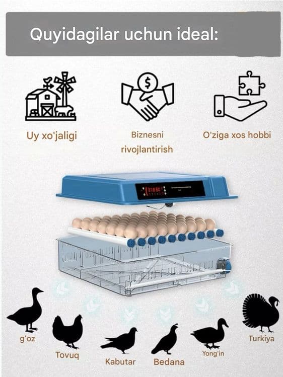 Inkubator avtomat 9/12/24/36/64/100/128/200, 12V va 220V dan ishlaydi — 14