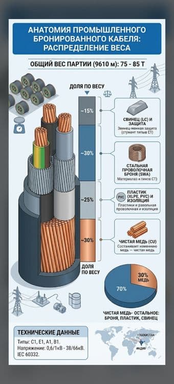 Силовой медный бронированный кабель (XLPE/SWA/PVC, LC, 0.6/1kV до 38/6 — 1