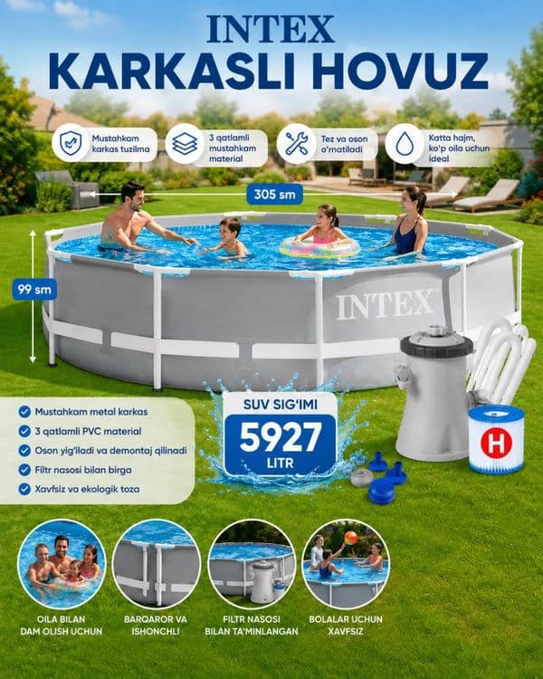 Basseyn Intex 305x99sm,siĝimi 5927 litr,Karkasniy basseyn+Dastavka tek