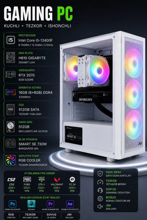 Kuchli Gaming/Ishchi PC (i5-12400F / RTX 2070 / 16GB RAM) – Ideal hol