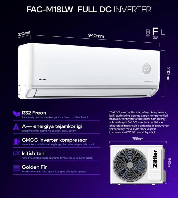 Кондиционер ZIFFLER 18 Invertor PTC TEN Golden Fin — 1