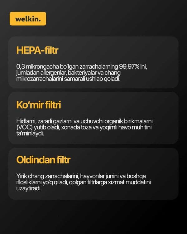 Havo tozalagich + Namlagich Welkin K-08A ishlashi 60 m2 gacha / Wi-Fi — 5