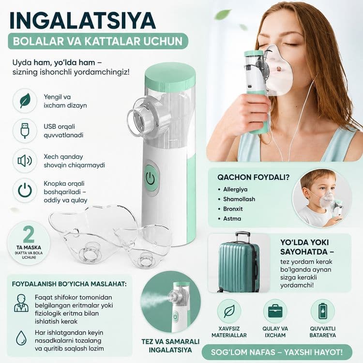 Mini Ingalyator Allergiya, shamollash, bronxit yoki astma bo‘lgan un — 2