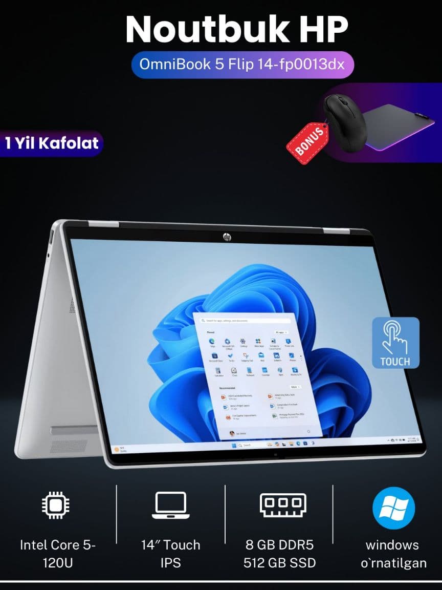 Noutbuk HP OmniBook 5 Flip 14-fp0013dx — Core 5 120U, 8GB LPDDR5, 512GB SSD, 2K Touch — 1