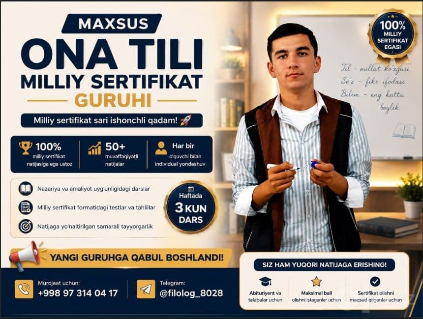 2-3 oyda ona tili va adabiyot fanidan sertifikat olish kafolatlanadi. — 1