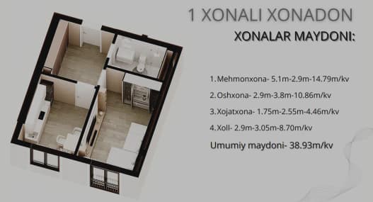1 xonali kvartira, 39 m² — Obyekt 667 — 1