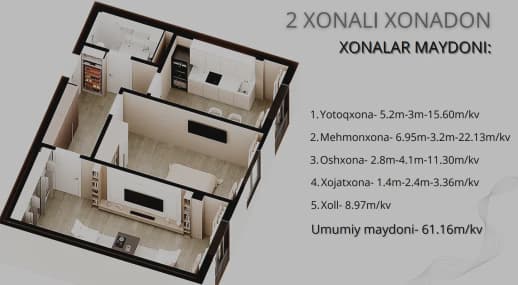 2 xonali kvartira, 61 m² — Obyekt 667 — 1