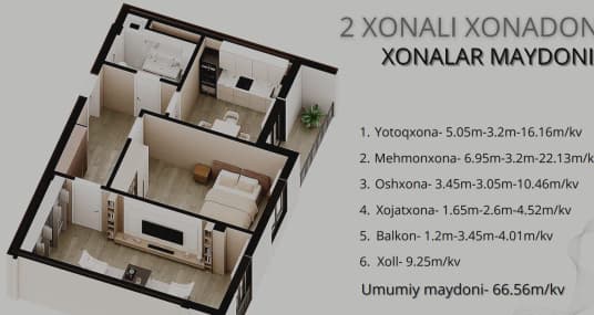 2 xonali kvartira, 67 m² — Obyekt 667 — 1