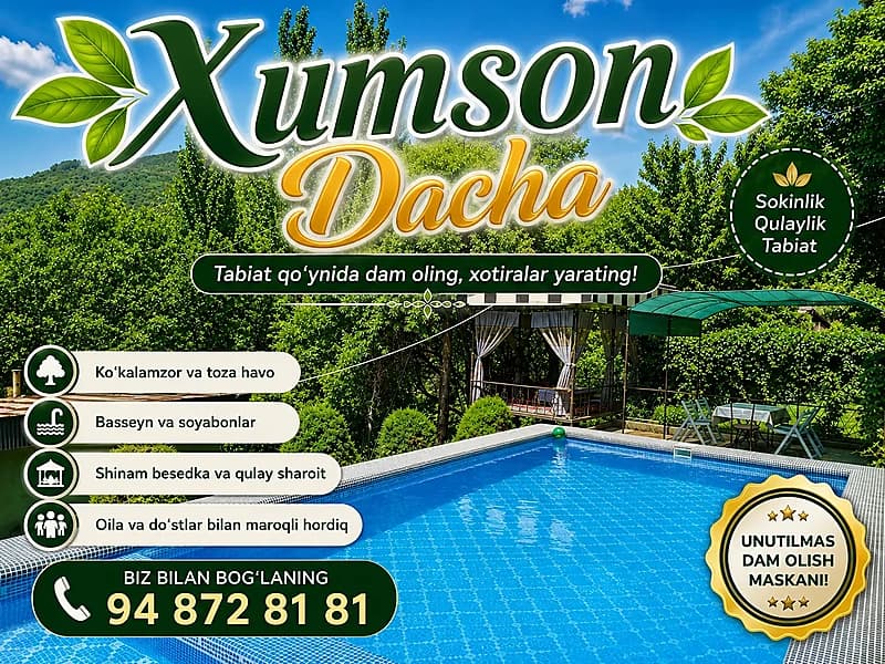 Dacha xumson ugam daryosga yaqin 94 872 81 81 — 1