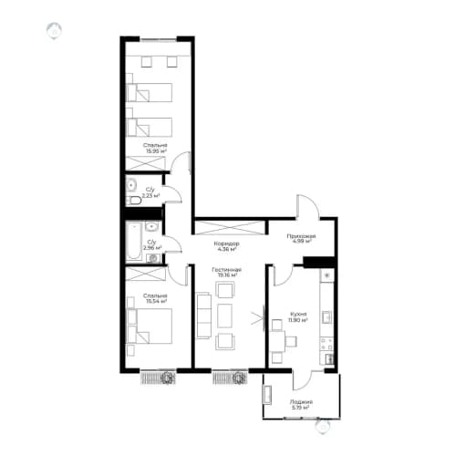 3к квартира, 77 м² — 1