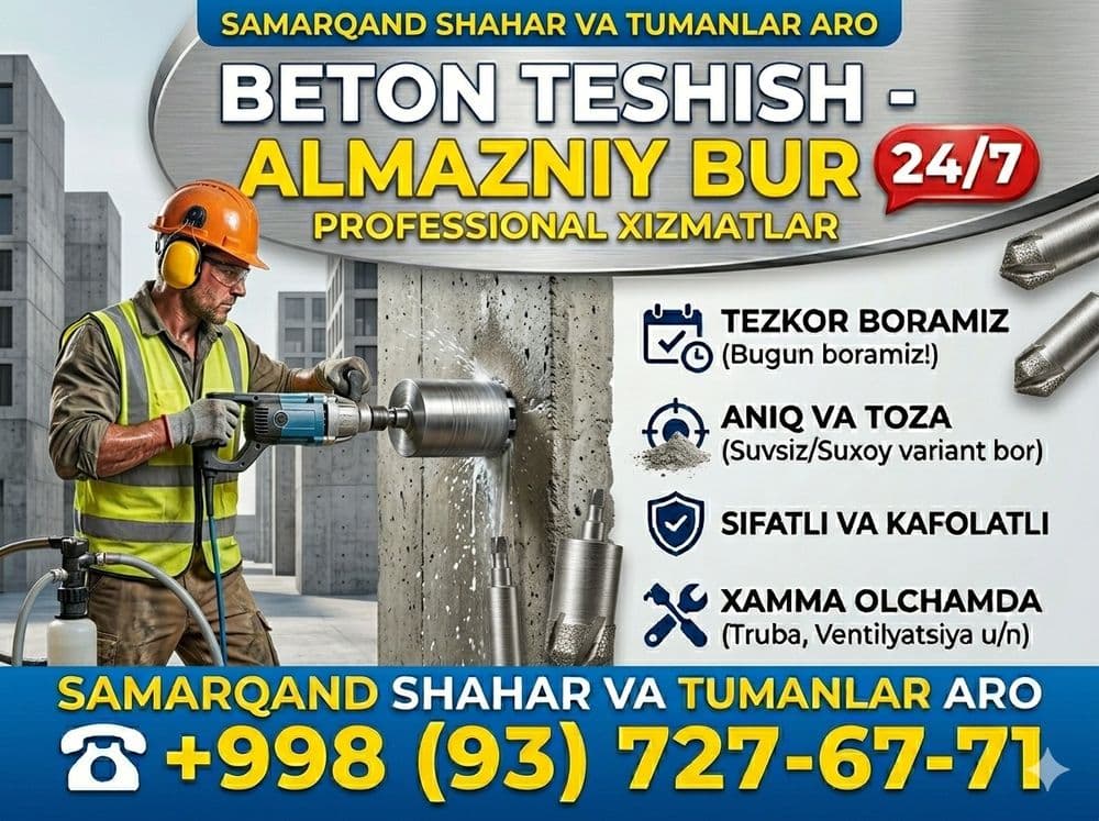 Almazniy bur Xizmati -SAMARQAND
Beton kesish
Stayashka kesish
Fundame — 1