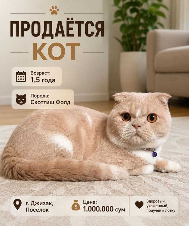 Продаётся кот, порода Соттиш Фолд, город Джизак — 1
