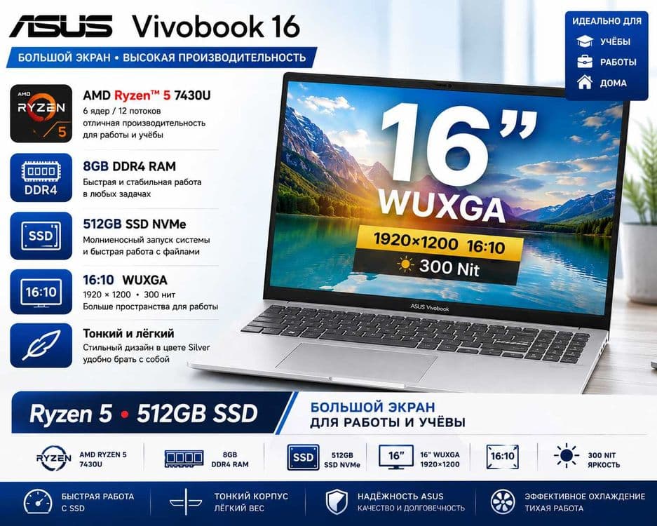 ASUS Vivobook 16 / Ryzen 5 /8GB /512GB SSD /16" WUXGA / Гарантия 1 год — 1