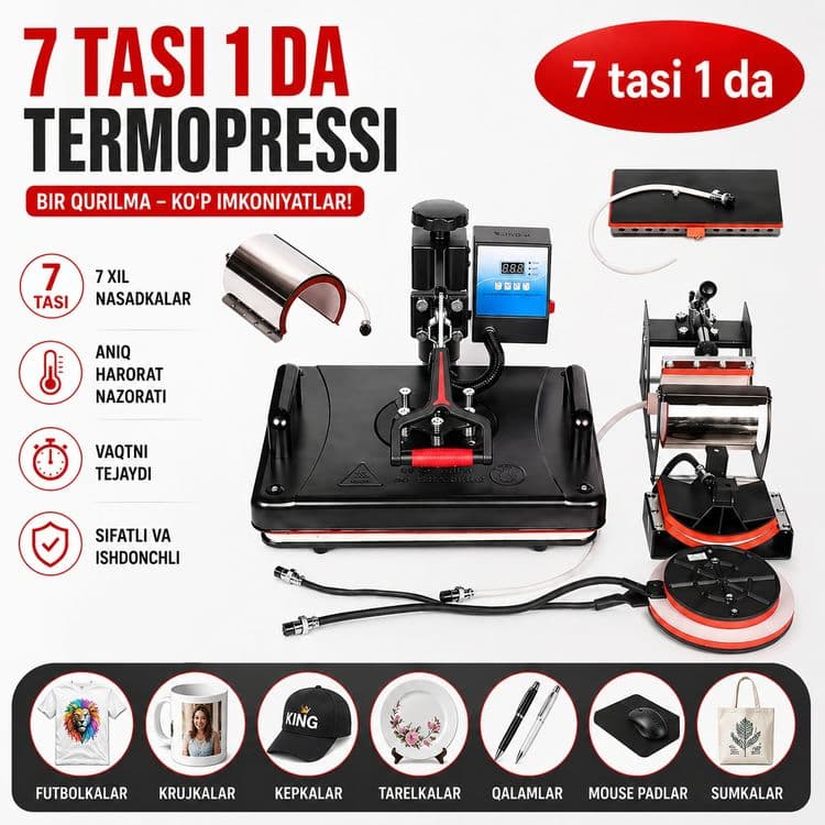 Termopress 7 tasi 1 da | fudbolka, krujka va kepka pechat apparati — 1